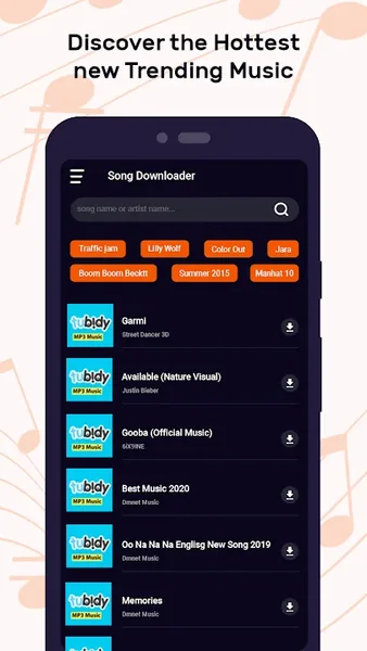 Tubidy MOD APK app interface showing music search and download options