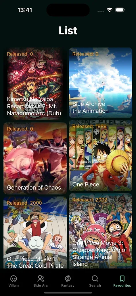Anilyme MOD APK list screen with anime poster grid and release years