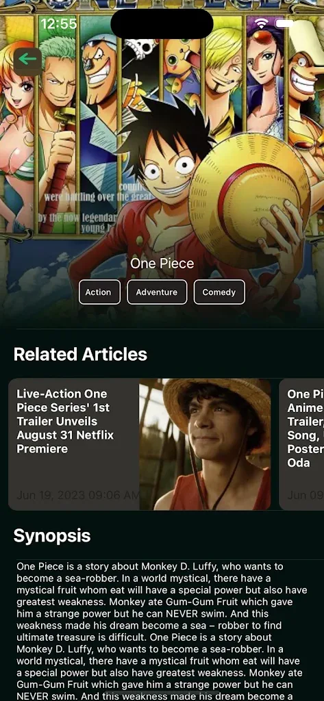 Anilyme MOD APK title detail page with synopsis and related articles