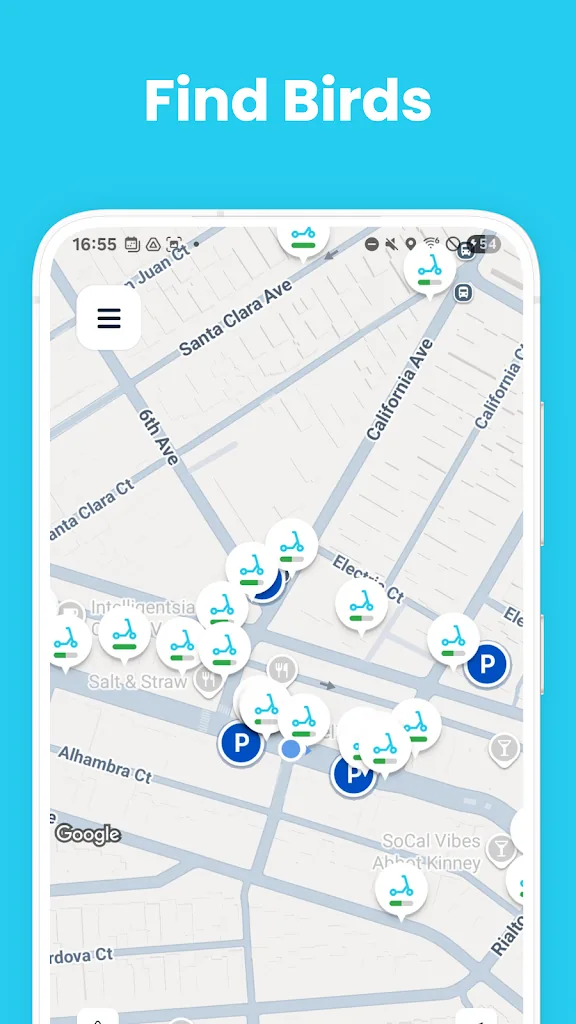Bird Scooter MOD APK map showing nearby electric scooters