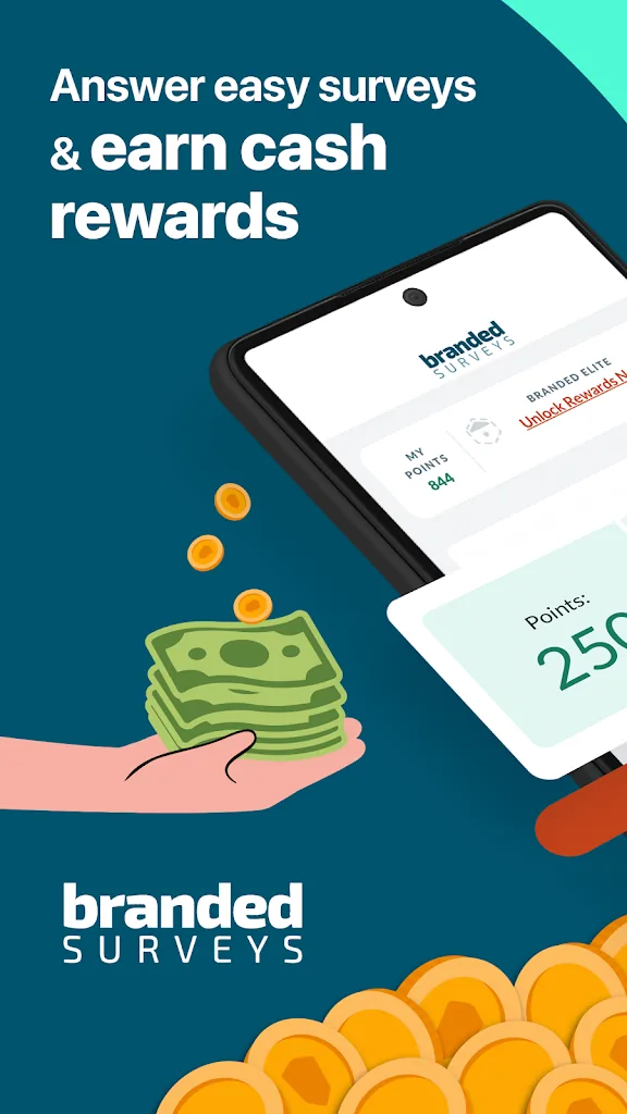 Branded Surveys MOD APK - earn cash rewards promo showing points balance and Branded Elite panel