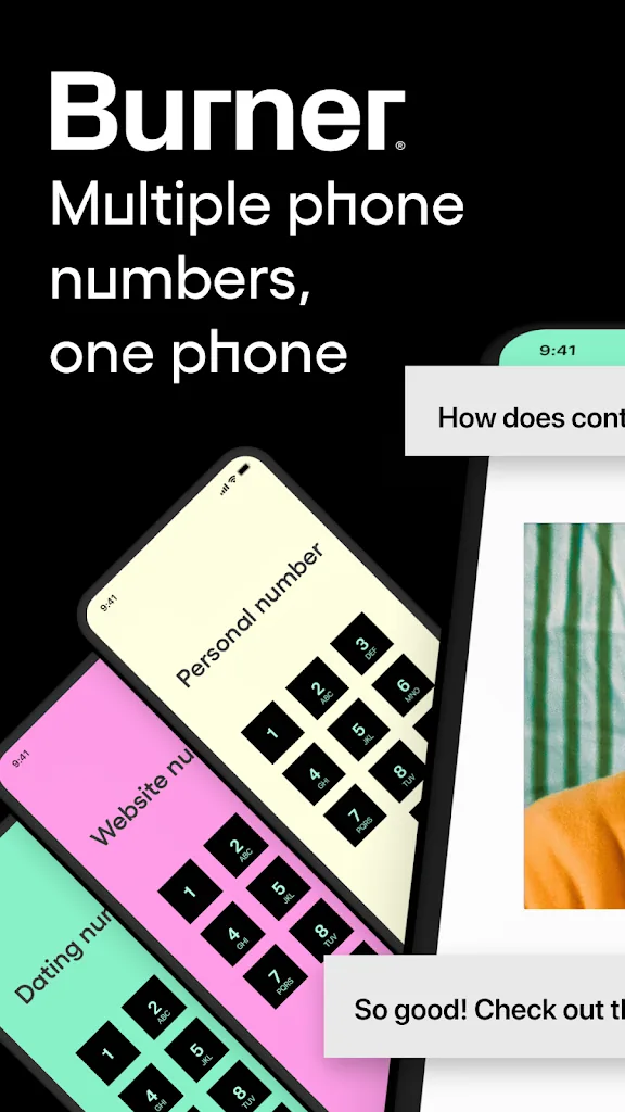 Burner app promotional graphic showing multiple color-coded phone numbers on one phone