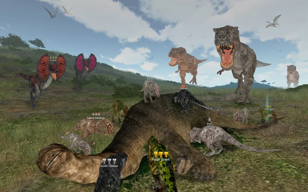 Dinos Online MOD APK gameplay screenshot showing a dinosaur hunt