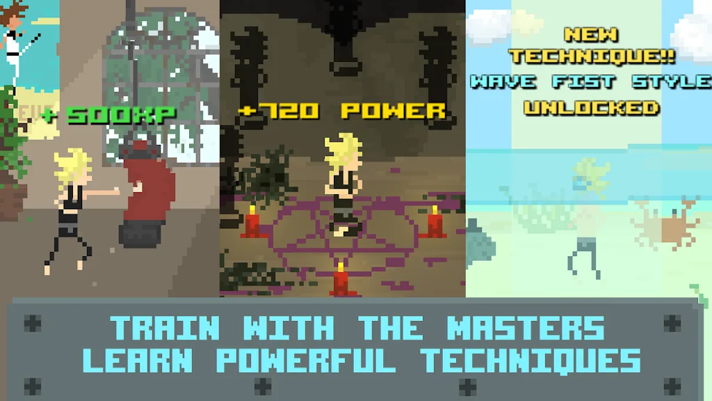 Dragonfist Limitless MOD APK training screen with pixel-art character and Power Level stats