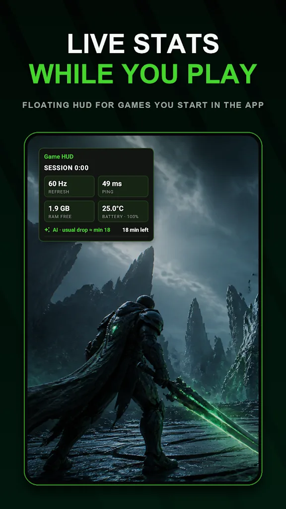 Game Booster 4x Faster MOD APK - live stats HUD monitor with refresh rate, ping, RAM and battery temperature