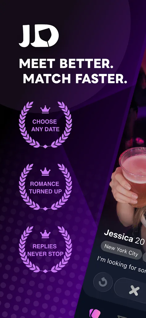 JustDating app interface showing profile discovery and Find Dates features