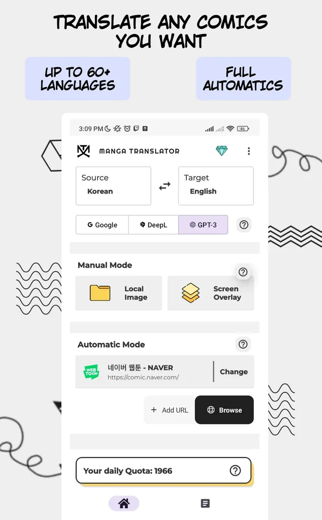 Manga Translator app home screen showing source and target language selection with Google, DeepL and GPT-3 engines