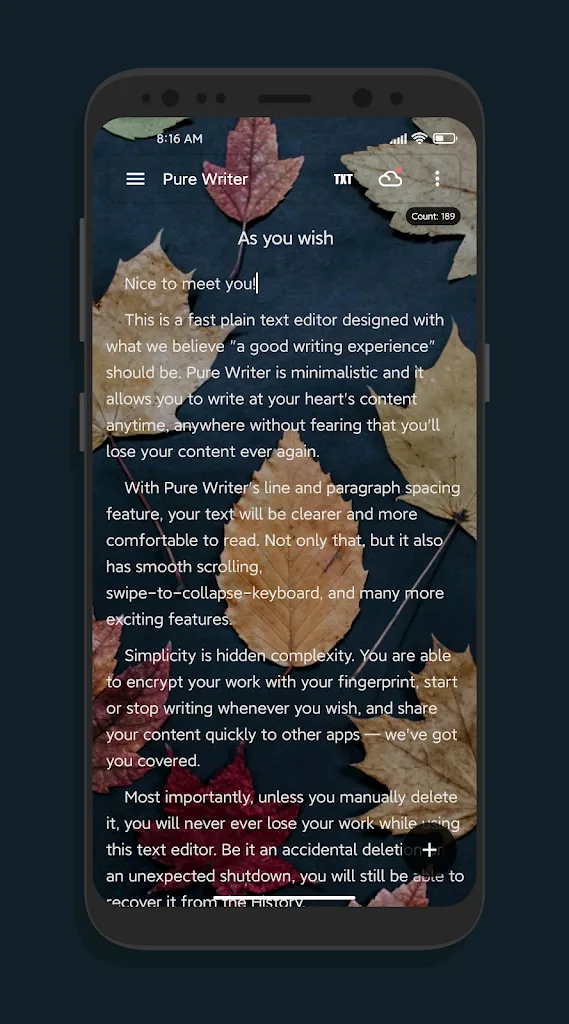 Pure Writer MOD APK editor interface