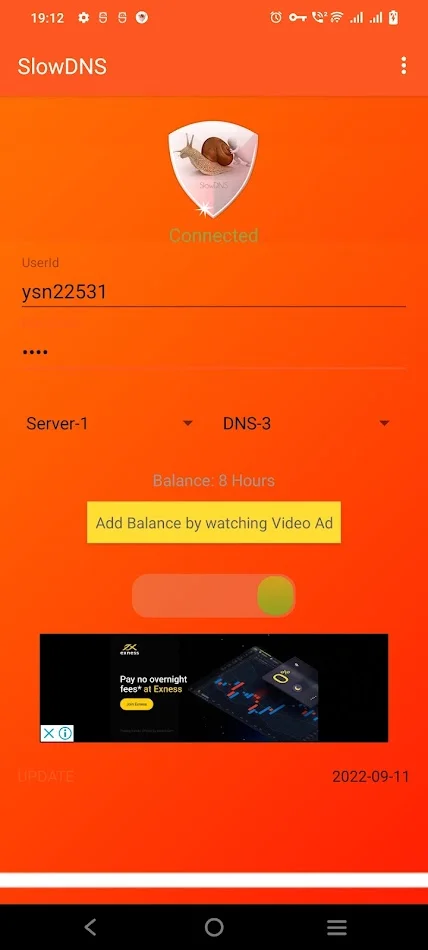 Genuine SlowDNS app screen by TunnelGuru showing the connected state, server and DNS selection, and the 8-hour time balance with an option to add balance by watching a video ad