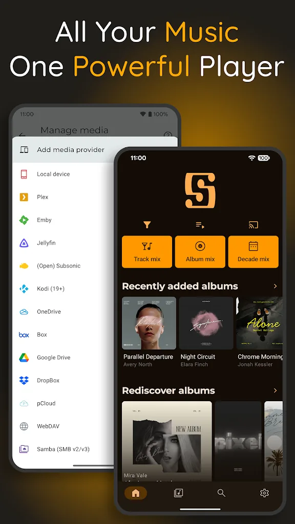Symfonium MOD APK showing a unified music library from local files and media servers